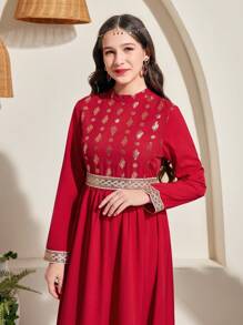 SHEIN Elegant Red Foil Leaf Pattern Maxi Dress For Teen Girls, With Gold Woven Belt Decor - Red - View 4