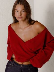 Aralina Oversized Cross-Front Cozy Knit Sweater - Red - View 12