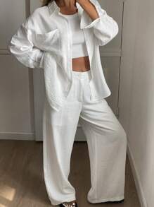 Livesso Conjunto informal de 2 piezas de estilo vintage para el verano, camisa de manga larga de corte holgado y pantalones de pierna ancha para mujer, conjunto de ropa de estar en casa para otoño para mujeres - Blanco - Ver 4