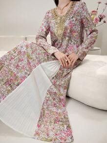 Al Najma 女士 V 领套头衫扎染花卉图案亮片刺绣衣领褶皱拼接浪漫优雅土耳其长裙和阿拉伯传统长袍、卡夫坦和贾拉比亚，端庄 - 彩色 - 查看 3