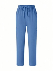 TaskEZ Conjunto de uniforme de verano sencillo con diseño de bolsillo en la Top y los pantalones, conjunto de ropa de enfermería - Celeste - Ver 3