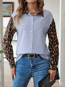 EMERY ROSE Camisa casual de mujer con estampado de leopardo y rayas a patchwork, adecuada para ir al trabajo