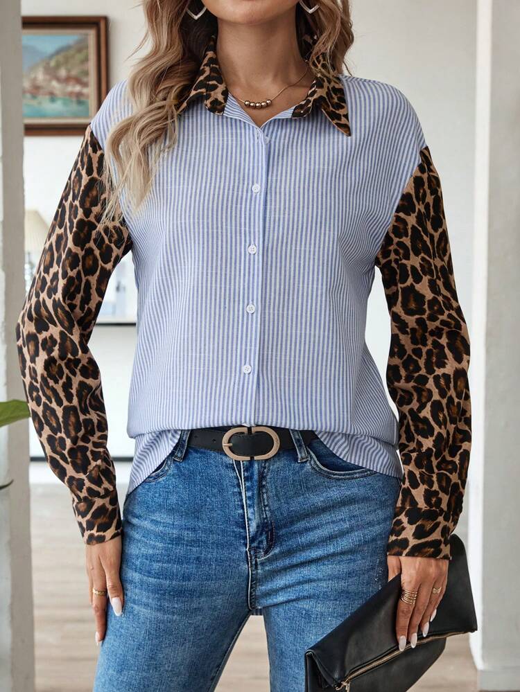 Women's Casual Leopard Print & Striped Patchwork Shirt, Suitable For Commuting