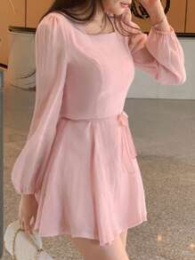 DAZY 女式短款圆领长袖粉色迷你连衣裙，春夏秋季太阳裙