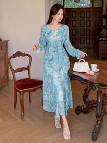 DAZY 2pcs Women Elegant Floral Print Long Sleeve Top And Cami Dress Set Lounge Sets For Women - Green - View 4