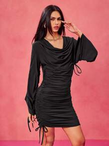 Tristan Blake Abito mini con cappuccio, motivo a cordoncino, maniche a zampa, scollo a cappuccio e drappeggio, di design, adatto per festival, concerti, balli di fine anno