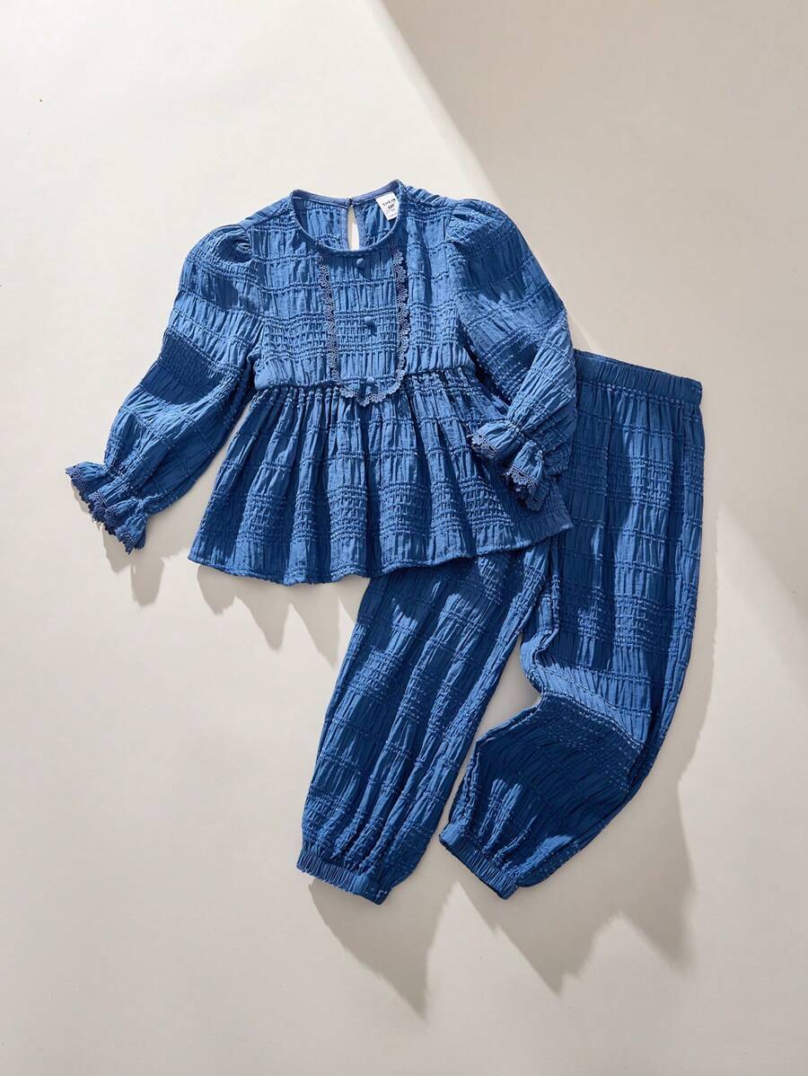THE HAPPY LOOK Young Girls Blue Woven Fabric Round Neck Lantern Sleeve Lace Panel Flared Hem Loose Shirt And Elastic Waistband Balloon Leg Pants Set, Mori Style, Autumn/Winter