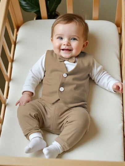 Souflis Souflis Conjunto básico de 2 piezas para niños pequeños con body casual 2 en 1 con lazo y pantalones de cintura elástica sólida, conjunto de punto de moda adecuado para ocasiones formales como fiestas de cumpleaños, eventos de noche, bodas, bautizos, ceremonias y aniversarios, suave y cómodo