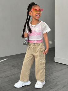 Denimly Young Girls Casual Daily Urban Street Elastic Waist Button Front Multi-Pocket Cargo Khaki Straight Leg Jeans