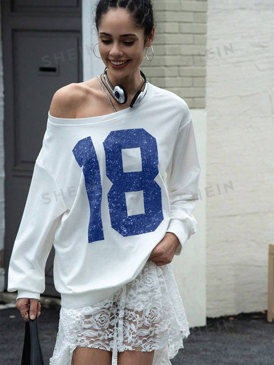 INAWLY Jersey de cuello redondo con estampado numérico, ropa de mujer de otoño, blusas de manga larga - Blanco - Ver 1