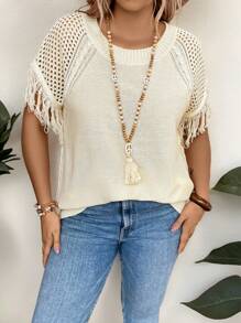 Breezaya Plus Size Boho Round Neck Fringed Casual Daily Wear Spring Summer Short Sleeve Knitwear Top