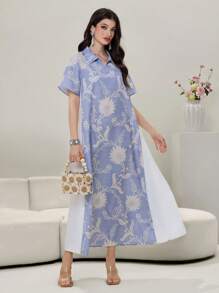 Yasmyna 撞色花卉印花短袖连衣裙