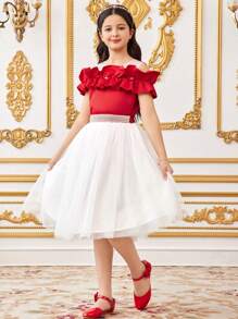 SHEIN 青少年女孩优雅仿珍珠串珠网眼褶饰露肩缎面衬衫和薄纱裙两件套 - 紅色 - 查看 5