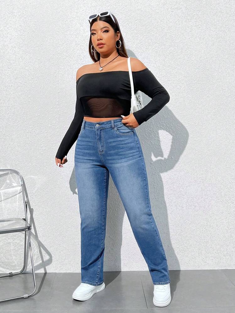 SHEIN PETITE CURVE Quần Jeans ống đứng thường ngày có túi cỡ lớn dành cho nữ, đa năng - Rửa trung bình - Xem 5
