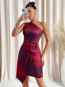 SHEIN Clasi Red Abstract Print Asymmetrical Shoulder Tie Waist Asymmetrical Hem Fitted Short Dress For Women Summer Outfits For Women Spring Outfits For Women Valentine's Day Dress Summer Outfits For Women Summer Dresses For Women Red Dresses For Women