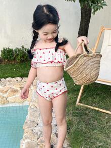 DAZY Young Girl Heart Print Vacation Beach Swimwear Set - White - View 5