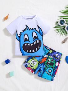SHEIN 2pcs/Set Baby Boy/Girl Casual Cartoon Monster Print Crew Neck Short Sleeve Top And Elastic Waist Shorts Set, Suitable For Spring/Summer Vacation, Beach, Swim - White - View 3