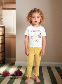 SHEIN 3pcs/Set Baby Girls' Cute Ice Cream Print Short Sleeve Top, Long Pants And Ruffled Cuffs Home Outfit Set - Multicolor - View 3