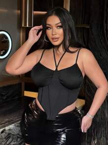 Allurite 大码系带紧身吊带背心，带有花卉、心形、嘴唇、丘比特、波尔卡圆点、玫瑰、爱情元素 - 黑色 - 查看 6