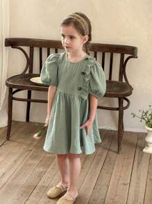 LMoss Kids LMoss Young Girl Woven Solid Color Round Neck Ruffled Hem Fitted Dress - Green - View 2