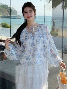 DAZY Elegant Vacation Blouse, Spring/Summer, Lantern Sleeve, Floral Printed, Lace-Up Women Shirt Long Sleeve Top - Blue - View 5