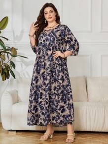 Lacomfia Plus Size Floral Print 3/4 Sleeve Loose Arabic Style Dress