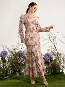 Graceveil Vestido abaya floral de flujo modesto y extra largo con estampado de teñido anudado para mujer