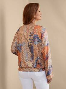 EMERY ROSE 女士印花V领宽松休闲卫衣，长袖套头衫，秋季卫衣 - 彩色 - 查看 2