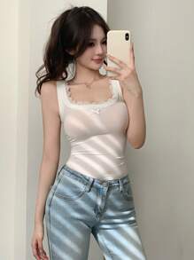 DAZY Casual Solid Color Lace Trim Bowknot Decor Tank Top