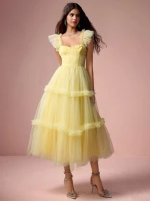 Enchnt Women's Sweetheart Neck Elegant Ruched Mesh Dress - Yellow - View 5