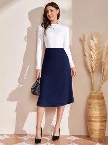 EMERY ROSE Women Plain Solid Color Minimalist Casual Everyday A-Line Skirt - Blue - View 3