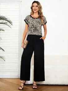 EMERY ROSE 2 件套女士斑马印花短袖上衣和纯色裤子 - 彩色 - 查看 5