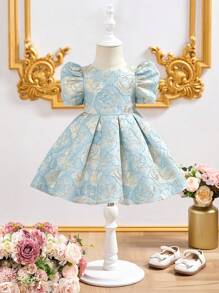 SHEIN Gaun Musim Panas Lengan Pendek Elegan Motif Bunga Lucu untuk Bayi Perempuan - Baby Blue - View 2