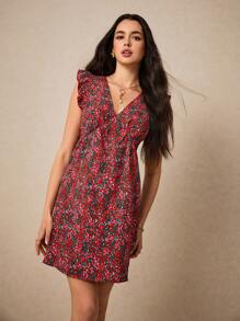 Poéselle Rochie de vară roșie mică cu imprimeu floral și decolteu în V, cu volane și curea, rochie de vară cu mâneci scurte și imprimeu floral mic