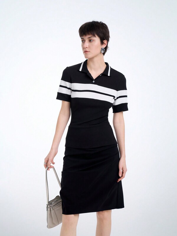 SHEIN Clasi Women's Black & White Contrast Color Short Sleeve Casual Knit T-Shirt