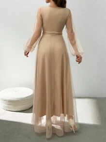 EURMUSE Dor Jacquard Sleeve Detailed Beige Long Dress For Going Out - Beige - View 2