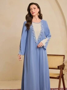 Al Najma Women's Everyday Color Block Sleeve Patch Floral Lace Trim Loose Traditional Dress Kaftan Jalabiya Dress - Blue - View 4