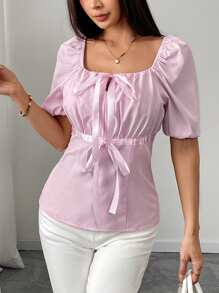 Elenzga Women's Spring/Summer Square Neck Elegant Bowknot Cuffed Sleeve Blouse