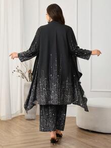 Lacomfia Plus Size Women Shiny Long Sleeve Top And Pants Two Pieces Elegant Set