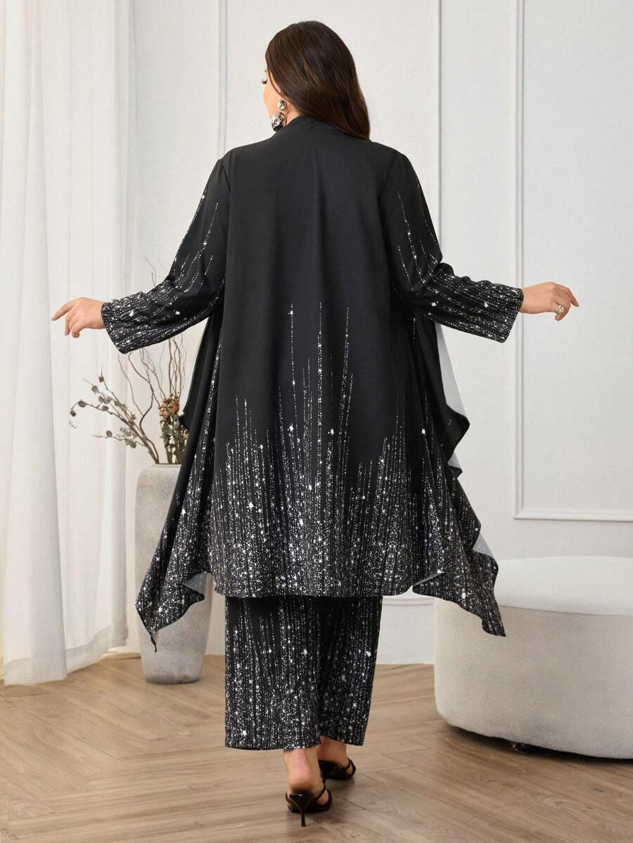 Lacomfia Plus Size Women Shiny Long Sleeve Top And Pants Two Pieces Elegant Set