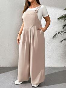 SHEIN Essnce 大码女装春夏时尚休闲宽松舒适日常卡其色吊带阔腿裤连体裤，女式夏季服装，沙滩度假，春装 - 杏色 - 查看 4