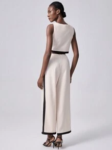 SHEIN Unity 2 件套女士时尚撞色方领编织背心和高腰直筒裤套装 - 黑與白 - 查看 2