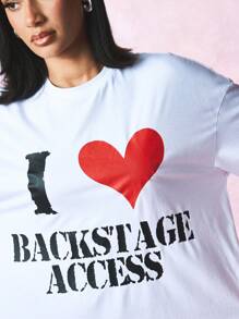 SUMWON WOMEN Backstage Access Herz-Muster Oversized T-Shirt Konzert Festival Musik Fan Grafik Tee VIP Party Statement Top Konzert Tour Merchandise - Weiss - Übersicht 3