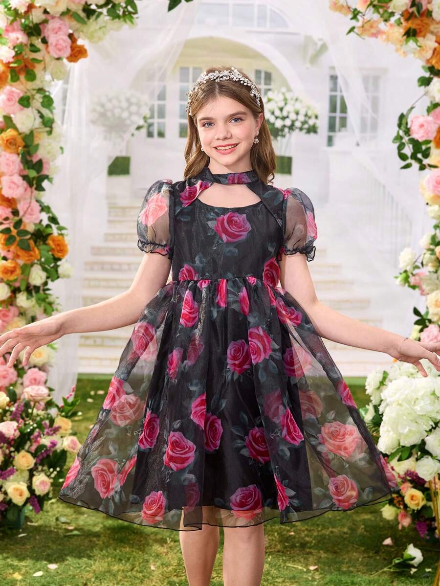 SHEIN 1 Pc Tween Girls' Pink Large Floral Print Organza Fabric Puff ...