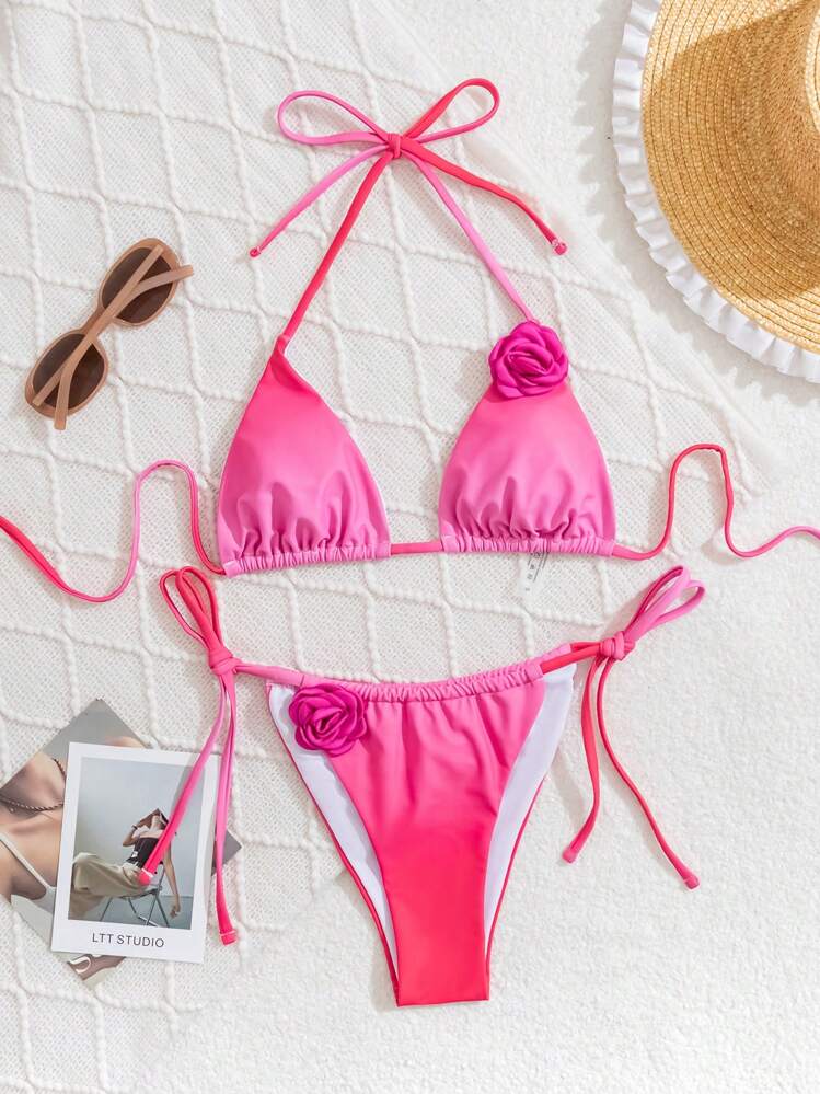 SHEIN Swim Spring Break 2st Badkläder för kvinnor, söta blommönster Tie-Up Gradient Färg Rose Beach Vacation Set - Rosa - Visa 2