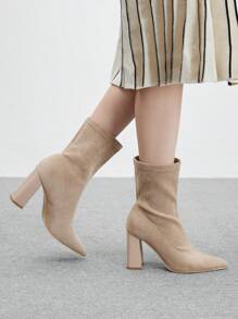 CUCCOO BIZCHIC Women Plus Size Chunky Heel Pointed Toe Suede Knit Ankle Boots, Apricot Color, Suitable For Commute, Date, Party And Gathering New Year Holiday - Apricot - View 4