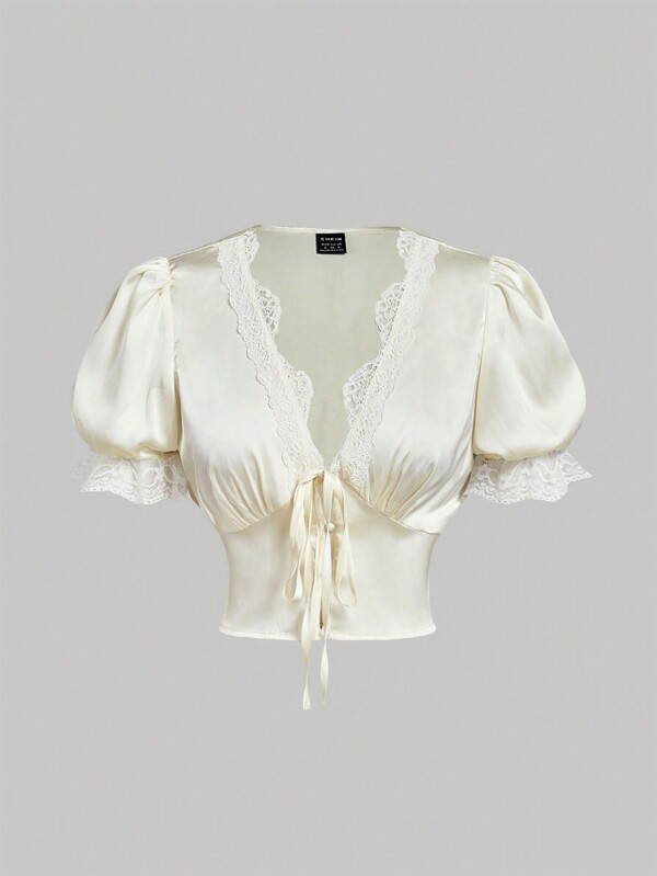 SHEIN MOD Women's Lace Patchwork Romantic Puff Sleeve Blouse, Suitable For Dates And Valentine's Day, Spring/Summer,Going Out Tops,Elegant Blouse,Vacation Outfits Woman,Tea Party Outfits,Beach Outfits,Carnival Costume