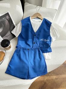 SHEIN Leap Crew 买二送一青少年男童休闲运动学院街头风日韩宽松英文字母背心基础款T恤半身束腰西装短裤高品质三件套 - 藍色 - 查看 4