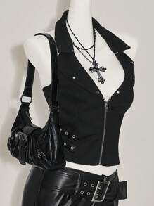 SHEIN ICON 女士无袖前拉链休闲上衣，日常穿着 - 黑色 - 查看 10