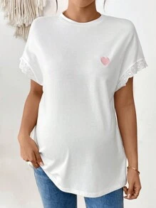 SHEIN Bohemian Maternity Heart Embroidered, Lace Patchwork T-Shirt - White - View 3